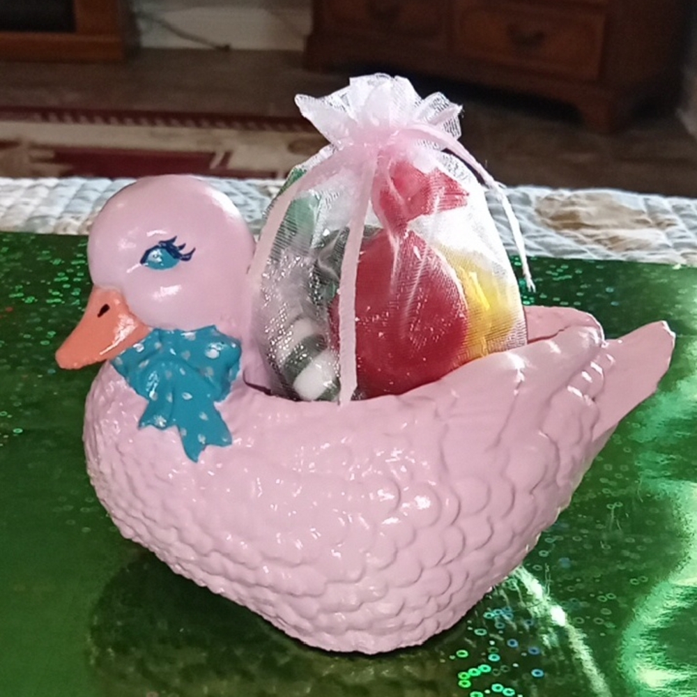 Pink Concrete Duck Planter With Candy